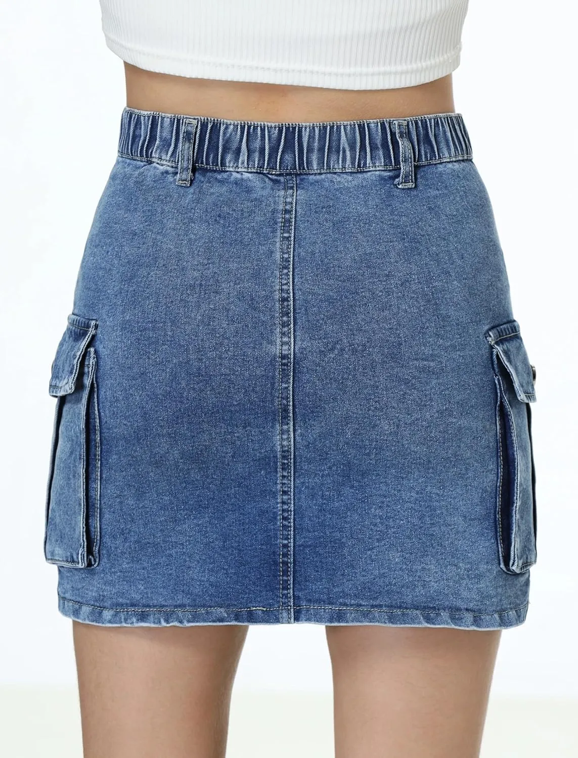 EXARUS Girls Cargo Skirt Cotton Elastic High Waist A-Line Short Mini Skirt with Pockets for School Casual 8-14Y