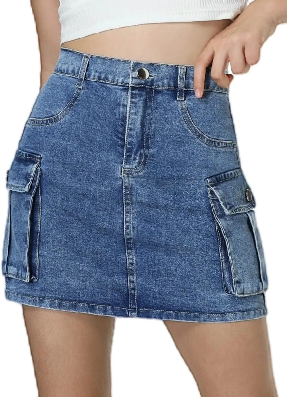 EXARUS Girls Cargo Skirt Cotton Elastic High Waist A-Line Short Mini Skirt with Pockets for School Casual 8-14Y