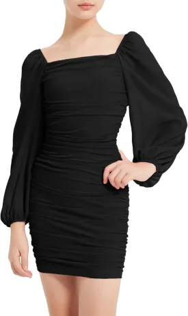 EXARUS Girls Ruched Bodycon Dress Teens Mesh Lantern Sleeve Party Dance Homecoming Tight Short Pencil Dresses