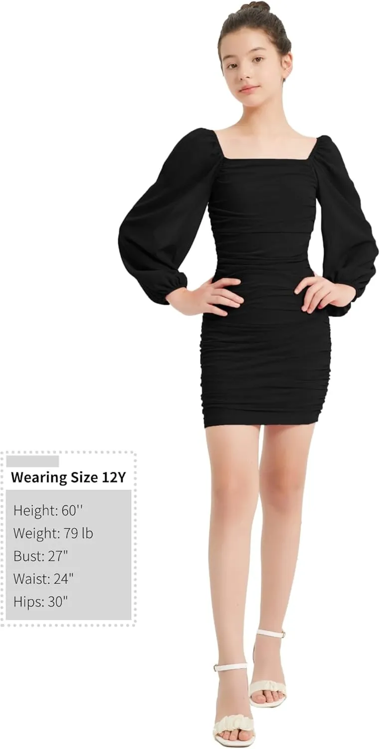 EXARUS Girls Ruched Bodycon Dress Teens Mesh Lantern Sleeve Party Dance Homecoming Tight Short Pencil Dresses