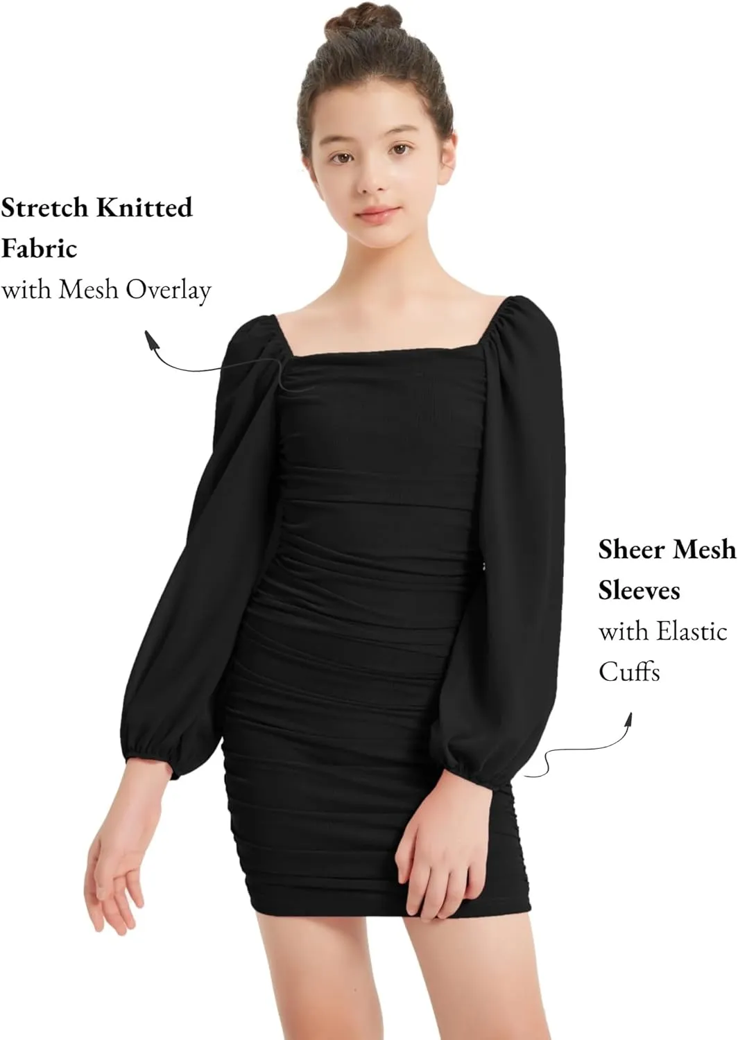EXARUS Girls Ruched Bodycon Dress Teens Mesh Lantern Sleeve Party Dance Homecoming Tight Short Pencil Dresses