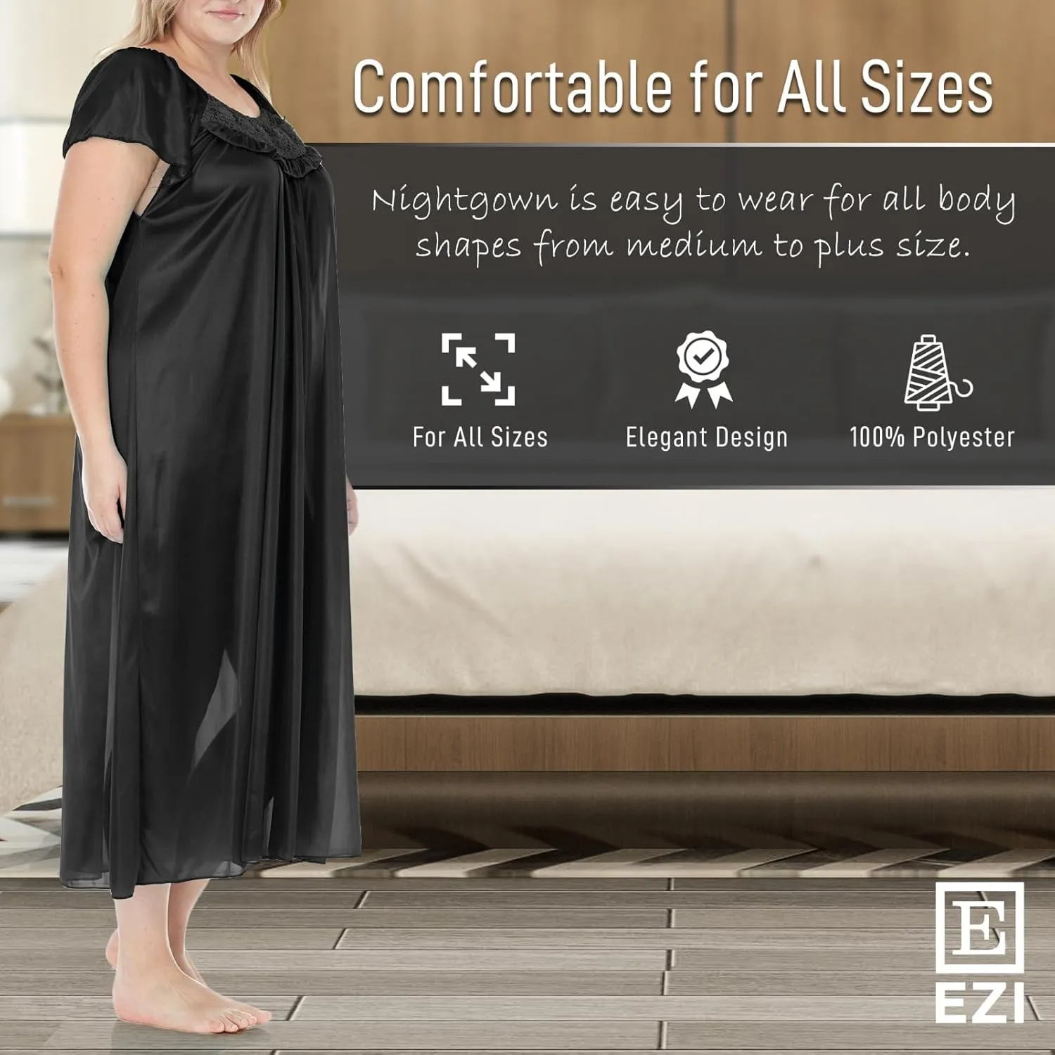 Ezi Satin Silk Nightgown For Women - Soft & Breathable Womens Sleepwear- Sexy Short Sleeves Womens Sleepwear, M - Plus Size