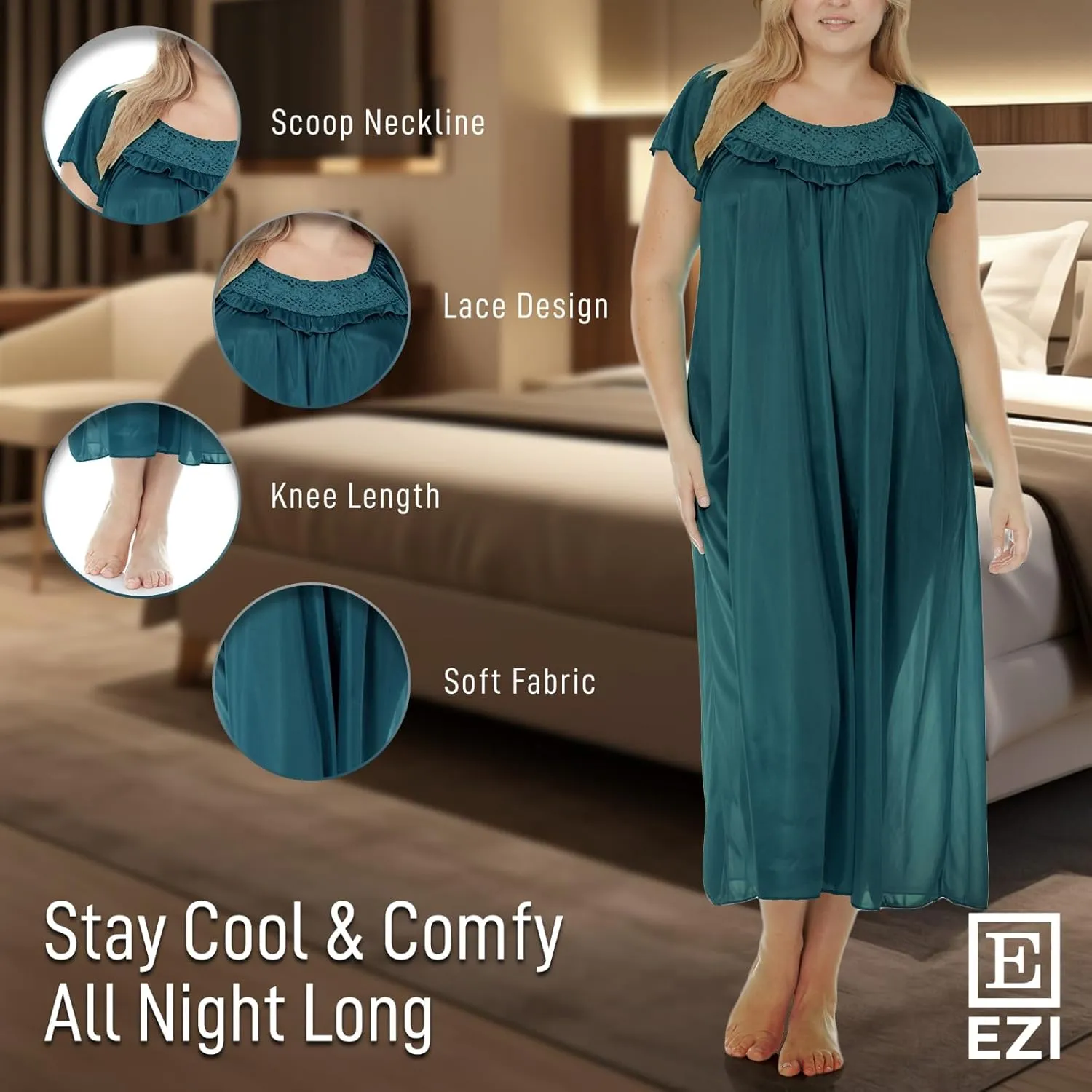 Ezi Satin Silk Nightgown For Women - Soft & Breathable Womens Sleepwear- Sexy Short Sleeves Womens Sleepwear, M - Plus Size