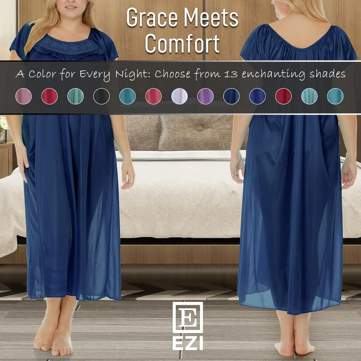Ezi Satin Silk Nightgown For Women - Soft & Breathable Womens Sleepwear- Sexy Short Sleeves Womens Sleepwear, M - Plus Size
