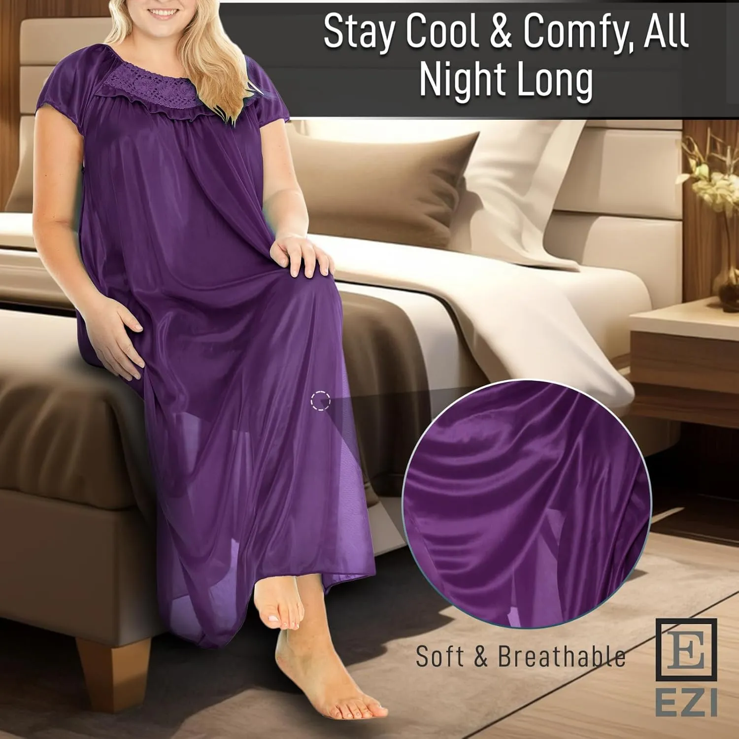 Ezi Satin Silk Nightgown For Women - Soft & Breathable Womens Sleepwear- Sexy Short Sleeves Womens Sleepwear, M - Plus Size