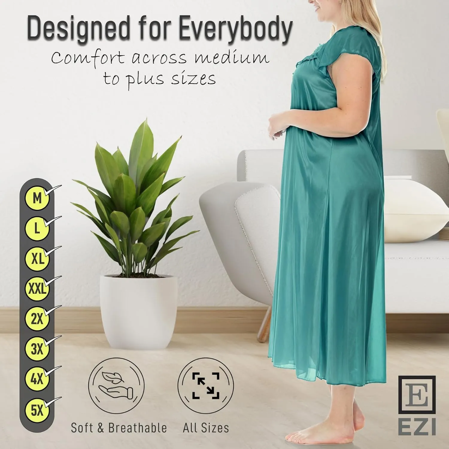 Ezi Satin Silk Nightgown For Women - Soft & Breathable Womens Sleepwear- Sexy Short Sleeves Womens Sleepwear, M - Plus Size