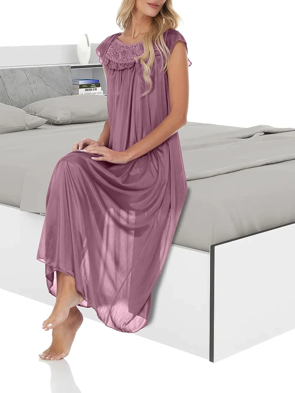 Ezi Satin Silk Nightgown For Women - Soft & Breathable Womens Sleepwear- Sexy Short Sleeves Womens Sleepwear, M - Plus Size