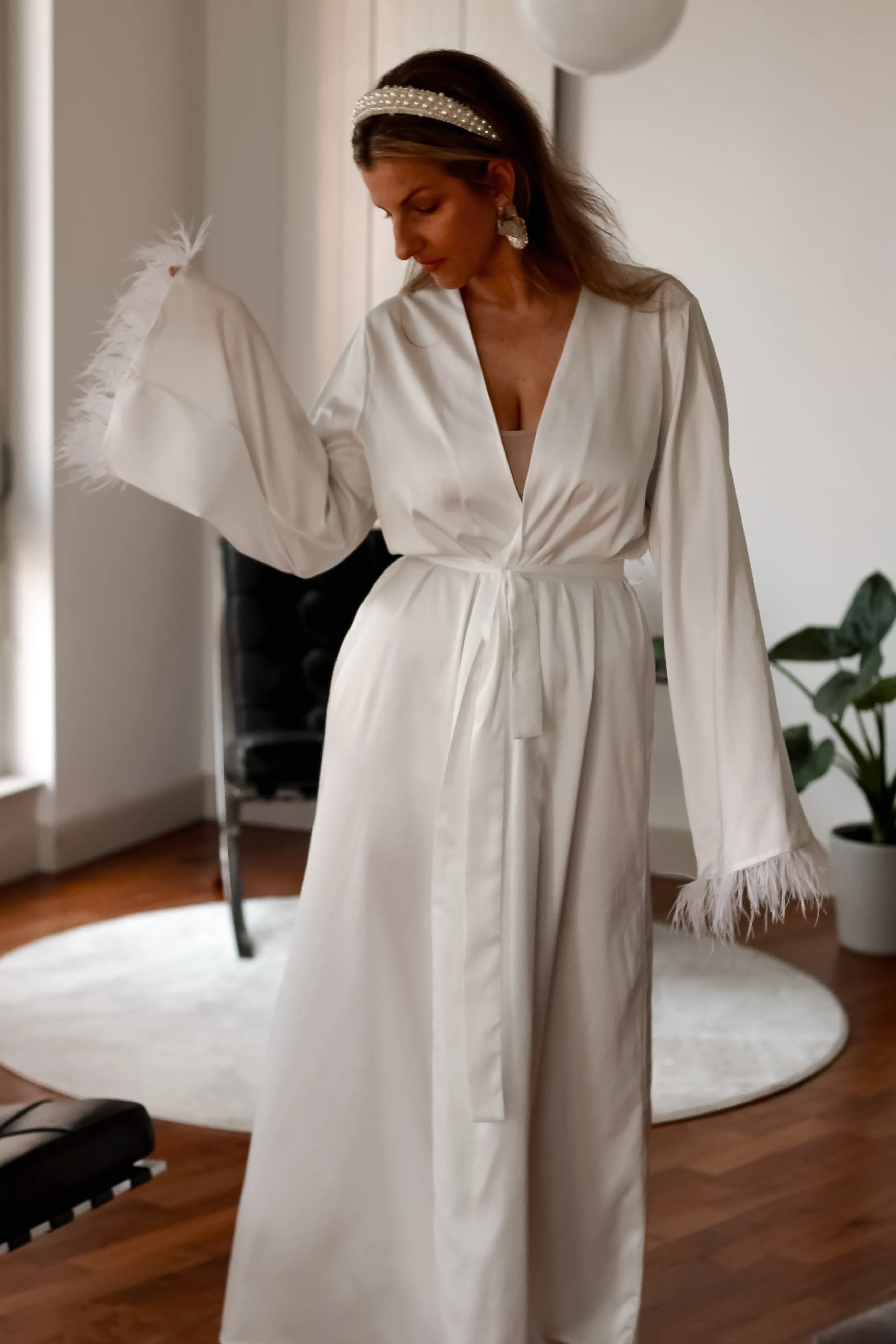 Feather Sleeve Satin Bridal Robe