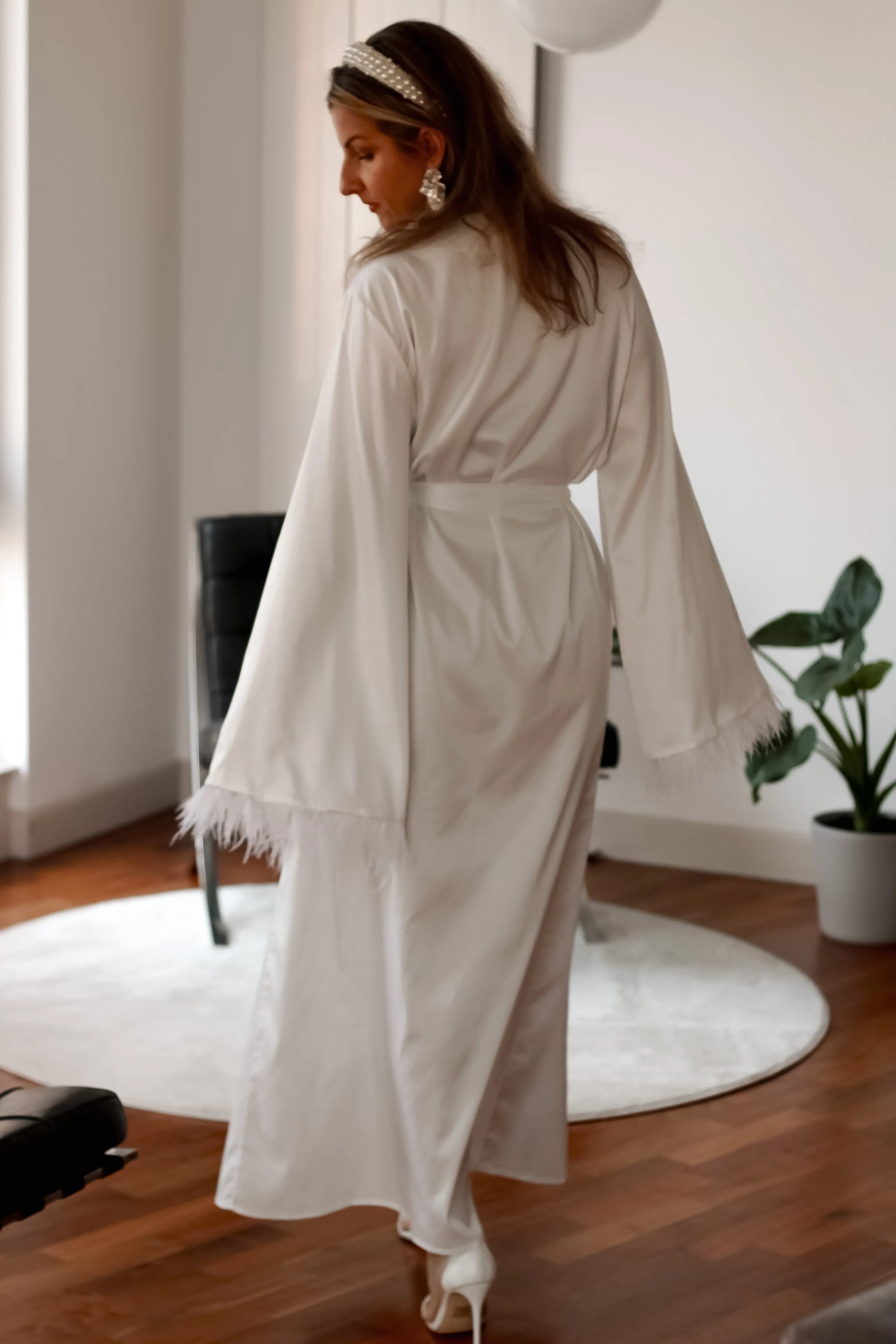 Feather Sleeve Satin Bridal Robe