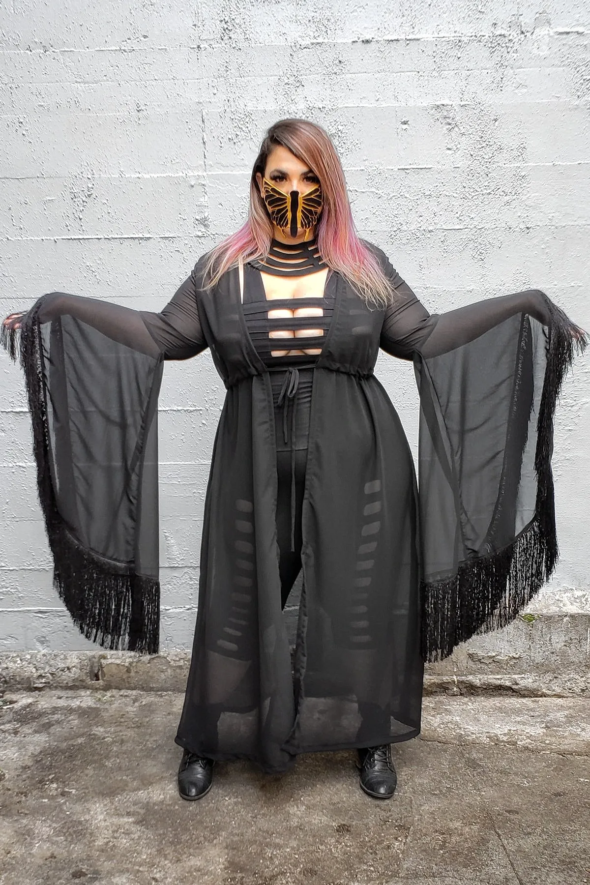 Five and Diamond Morticia Robe - black fringe - last sizes L   XL