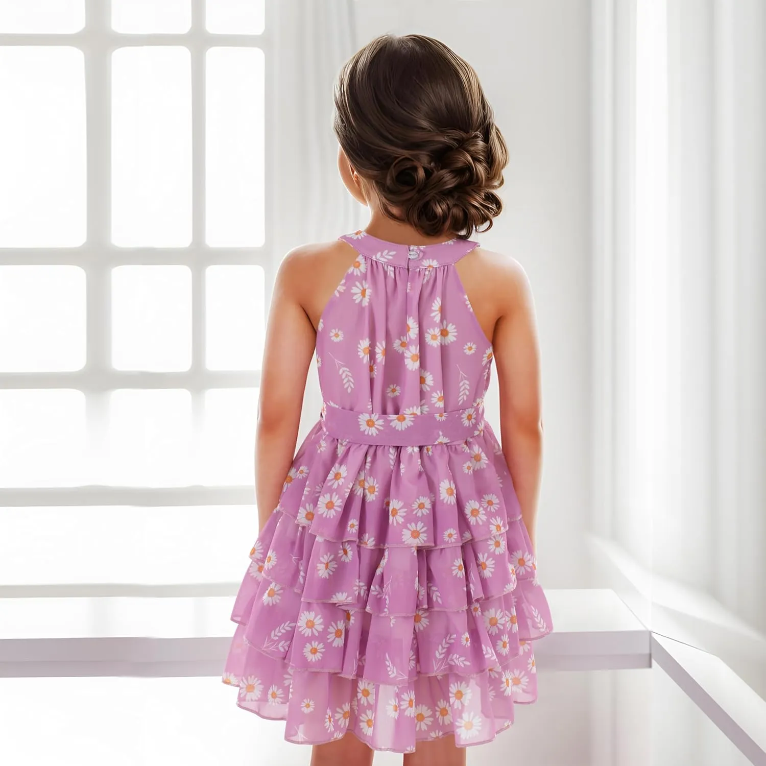 Flofallzique Floral Girls' Dress Summer Ruffle Sleeve Tie Back Casual Boho Sundress for Birtrhday Tea Party