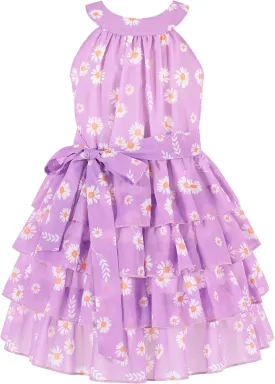 Flofallzique Floral Girls' Dress Summer Ruffle Sleeve Tie Back Casual Boho Sundress for Birtrhday Tea Party