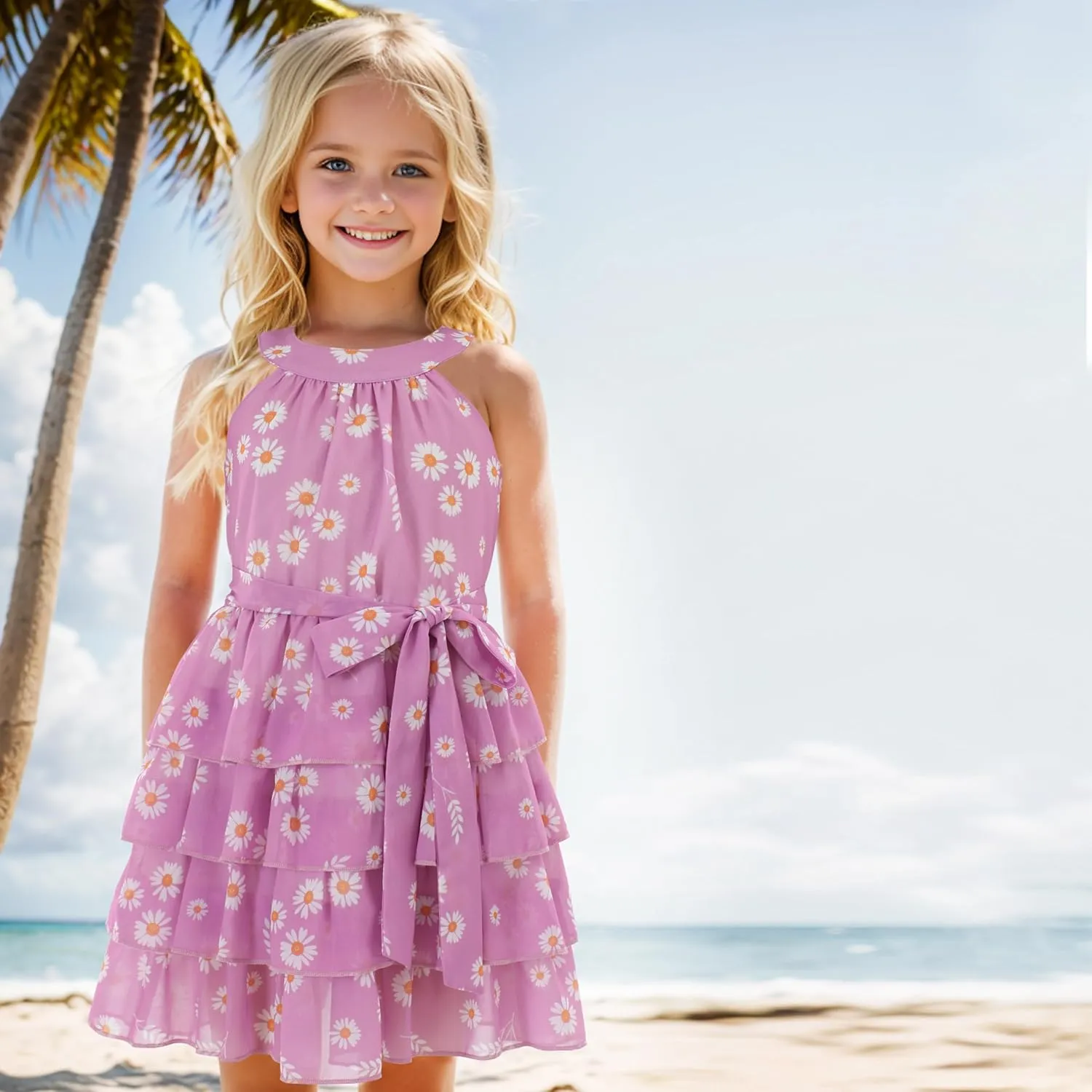 Flofallzique Floral Girls' Dress Summer Ruffle Sleeve Tie Back Casual Boho Sundress for Birtrhday Tea Party