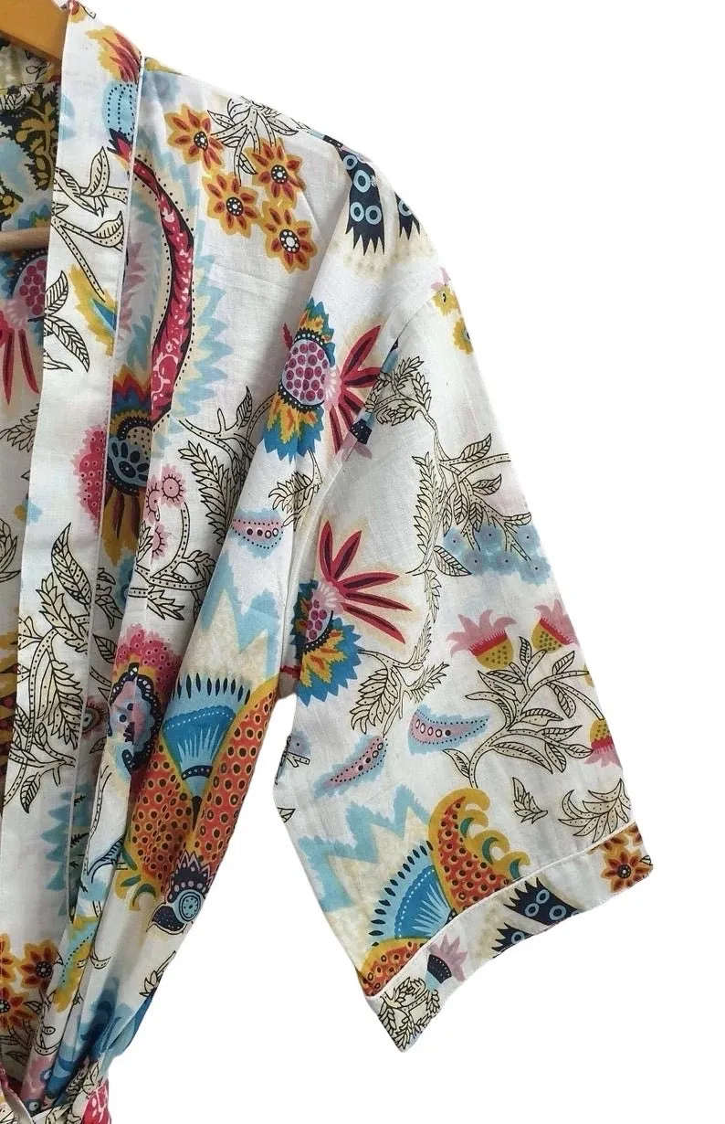 Floral White Mukut Print - Kimono Robe
