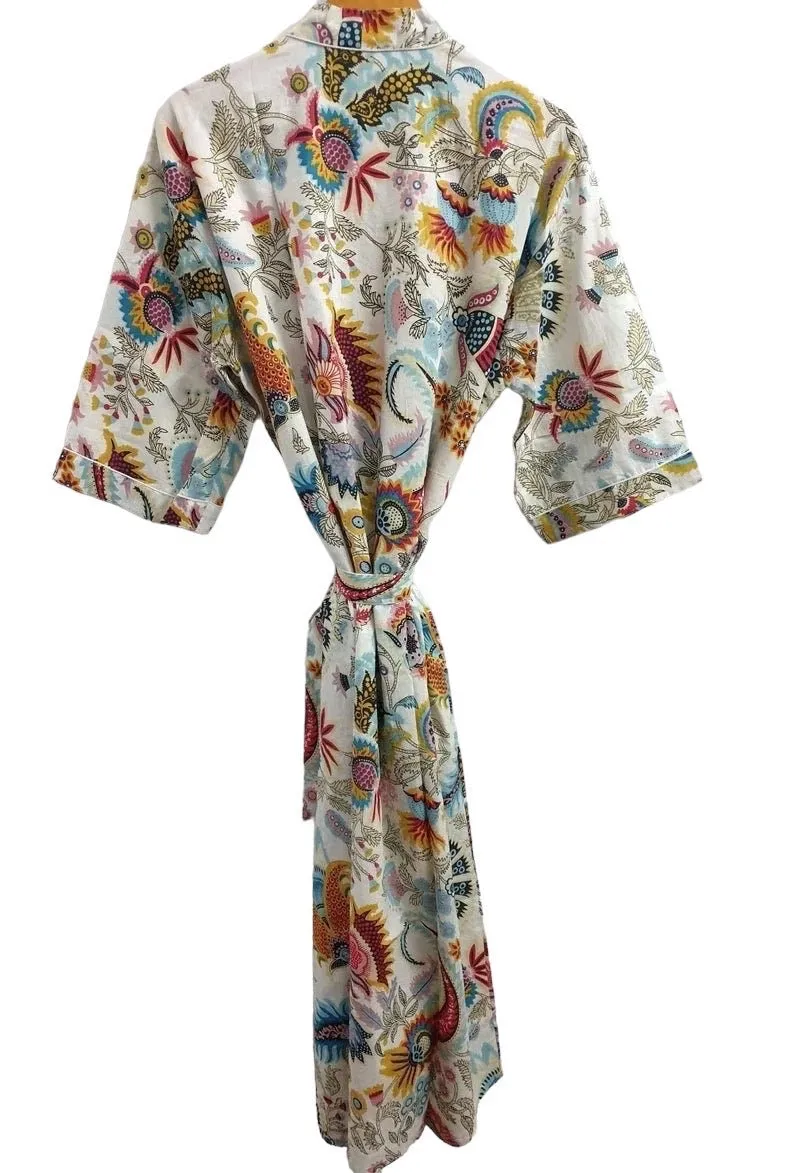 Floral White Mukut Print - Kimono Robe