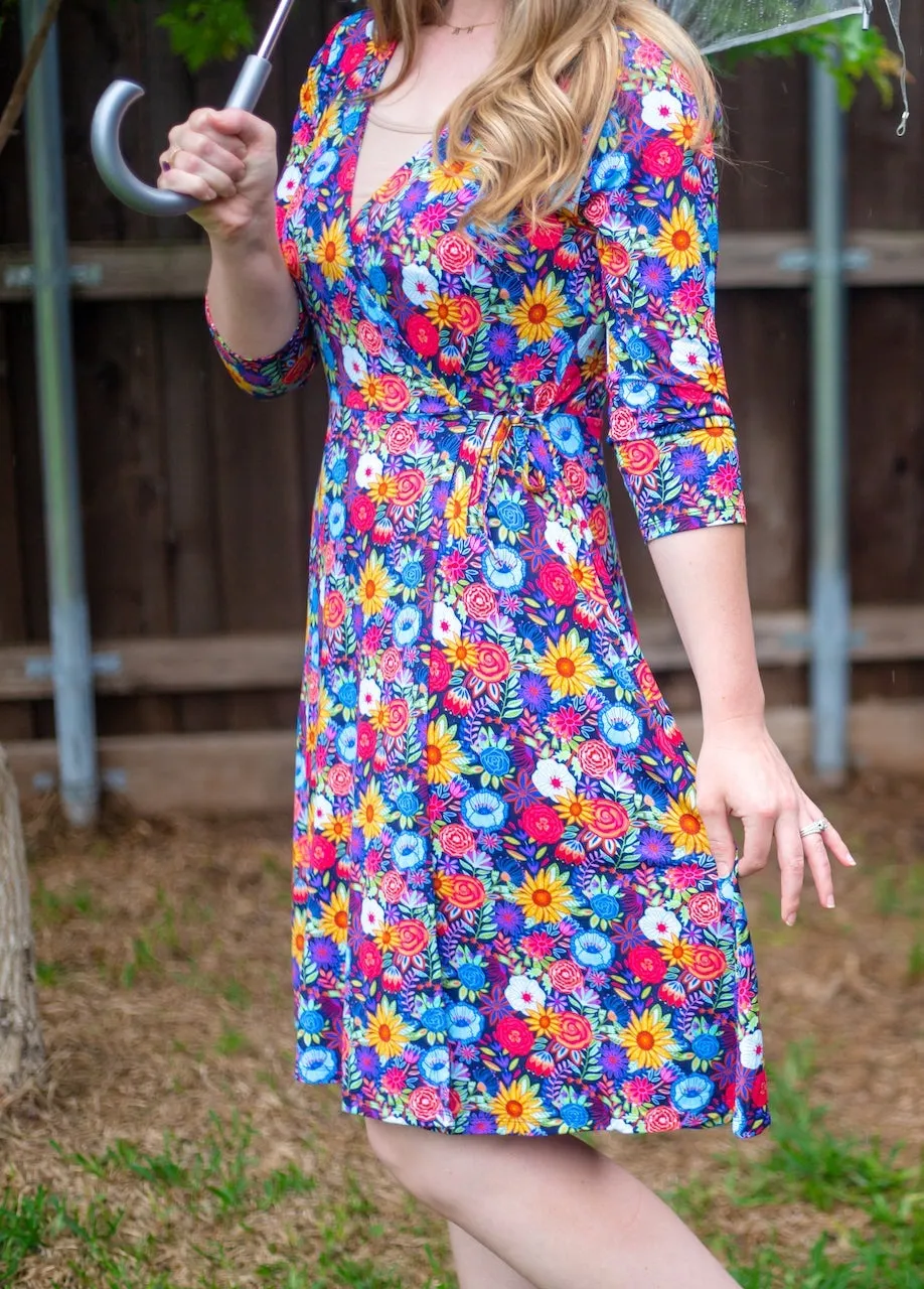 Funky Floral Women's 3/4 Sleeve Wrap Dress
