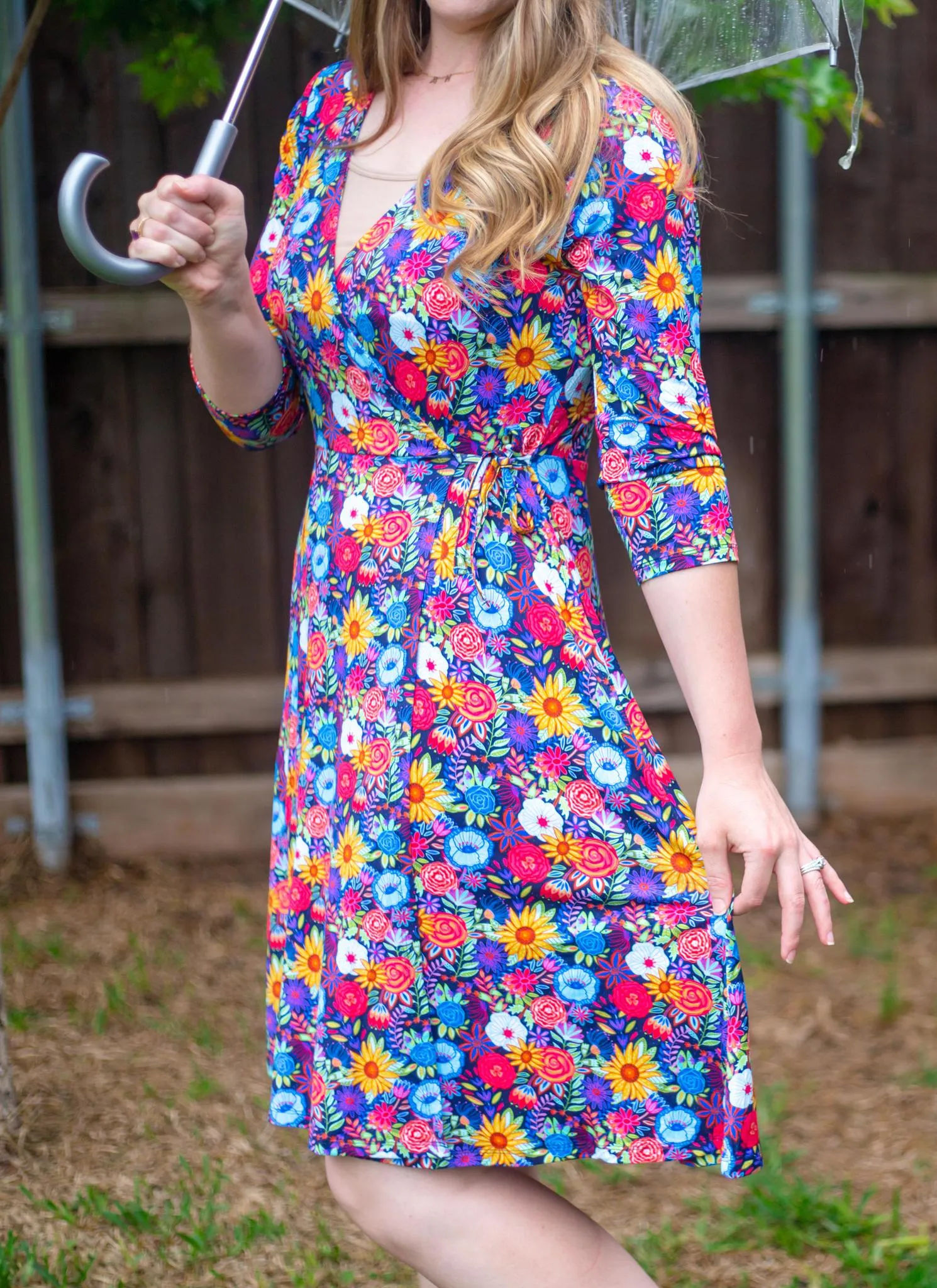 Funky Floral Women's 3/4 Sleeve Wrap Dress