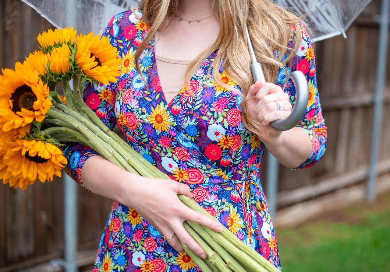 Funky Floral Women's 3/4 Sleeve Wrap Dress