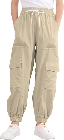 Girls Cargo Pants Elastic Waist Casual Jogger Pants for Girls Streetwear Loose Parachute with Pockets 7-14Years