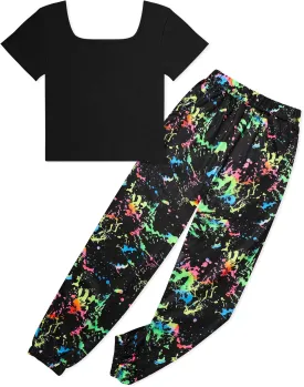 Girls Clothes Solid Color Square Collar Short Tops Tie Dye Long Pants Two Piece outfit Clothes for Girls 6-14Y