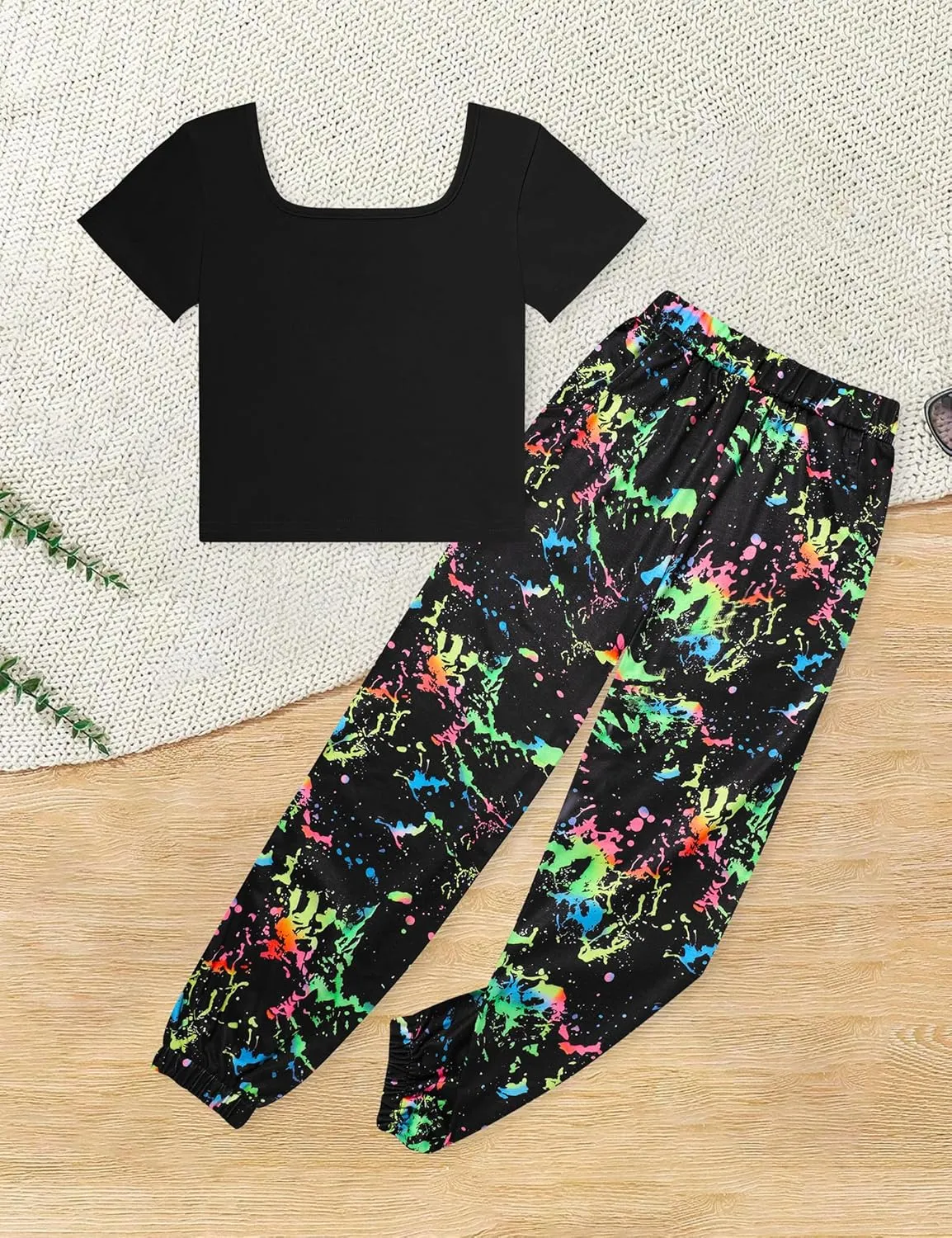 Girls Clothes Solid Color Square Collar Short Tops Tie Dye Long Pants Two Piece outfit Clothes for Girls 6-14Y