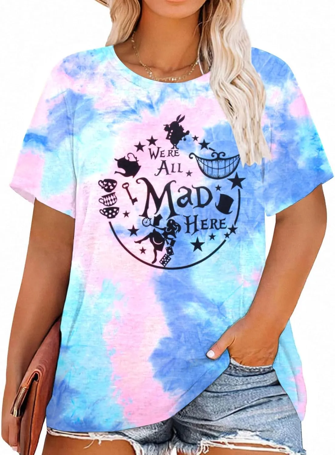 JULYCLO Plus Size Magic Kingdom Shirt We're All Mad Here T-Shirt for Women Family Vacation Party Tee Tie Dye Graphic Top