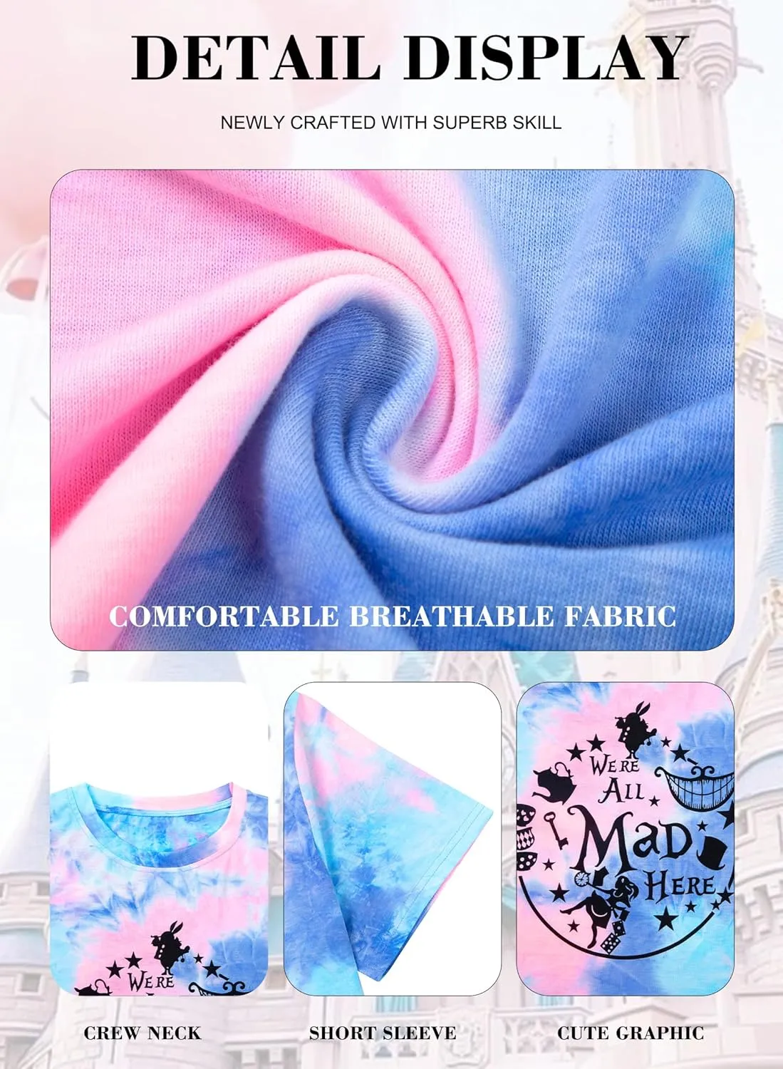 JULYCLO Plus Size Magic Kingdom Shirt We're All Mad Here T-Shirt for Women Family Vacation Party Tee Tie Dye Graphic Top
