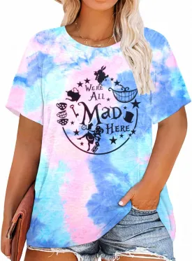 JULYCLO Plus Size Magic Kingdom Shirt We're All Mad Here T-Shirt for Women Family Vacation Party Tee Tie Dye Graphic Top