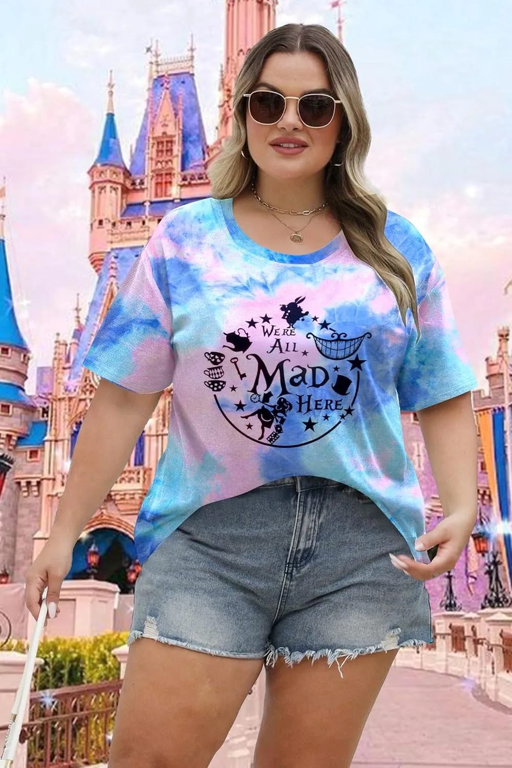 JULYCLO Plus Size Magic Kingdom Shirt We're All Mad Here T-Shirt for Women Family Vacation Party Tee Tie Dye Graphic Top