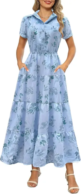 Kranda Women 2025 Summer Collared V Neck Short Sleeve Button Down Chiffon Long Tiered Floral Maxi Dress with Pockets