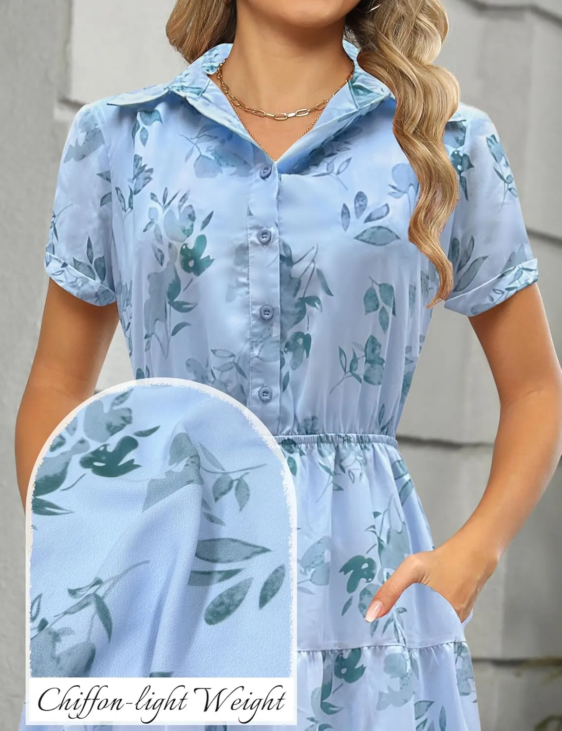 Kranda Women 2025 Summer Collared V Neck Short Sleeve Button Down Chiffon Long Tiered Floral Maxi Dress with Pockets