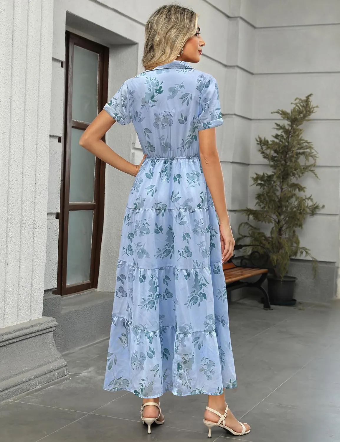 Kranda Women 2025 Summer Collared V Neck Short Sleeve Button Down Chiffon Long Tiered Floral Maxi Dress with Pockets