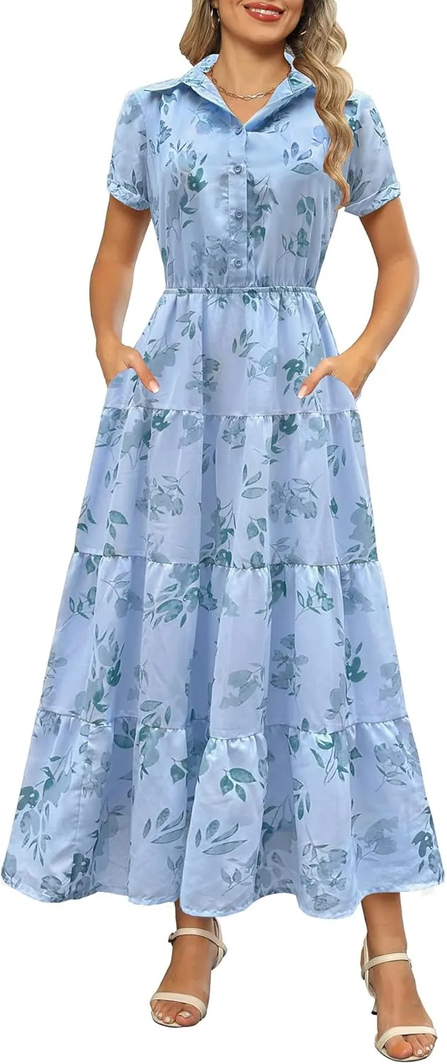 Kranda Women 2025 Summer Collared V Neck Short Sleeve Button Down Chiffon Long Tiered Floral Maxi Dress with Pockets