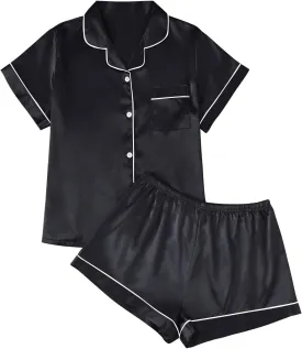 LILLUSORY Silk Satin Pajama Set for Women 2 Piece Lounge Pjs Shorts Matching Summer Sleepwear Button Down Shirt Shorts