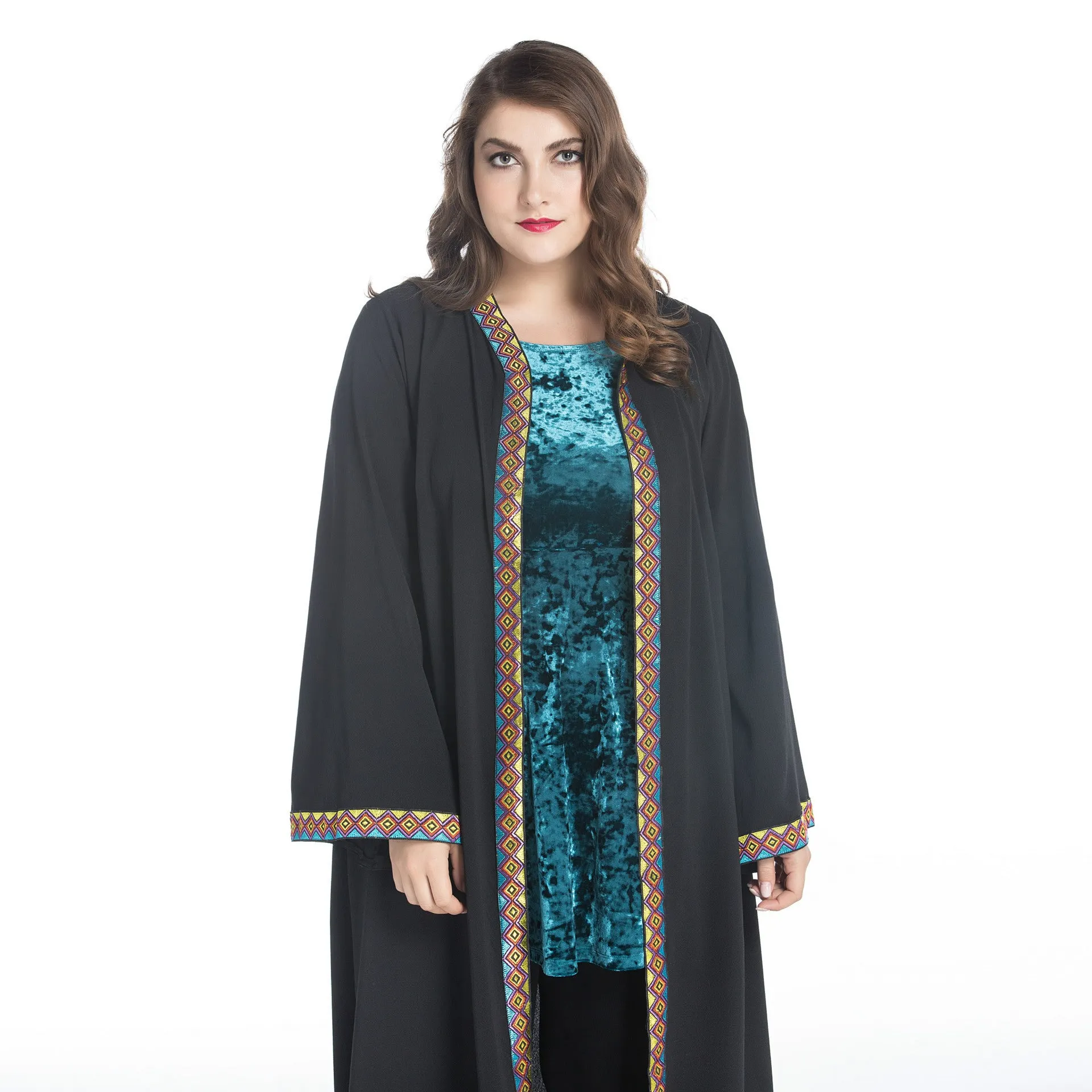 Loose Plus Size Paris Beads Retro Patchwork Long Sleeve Robe