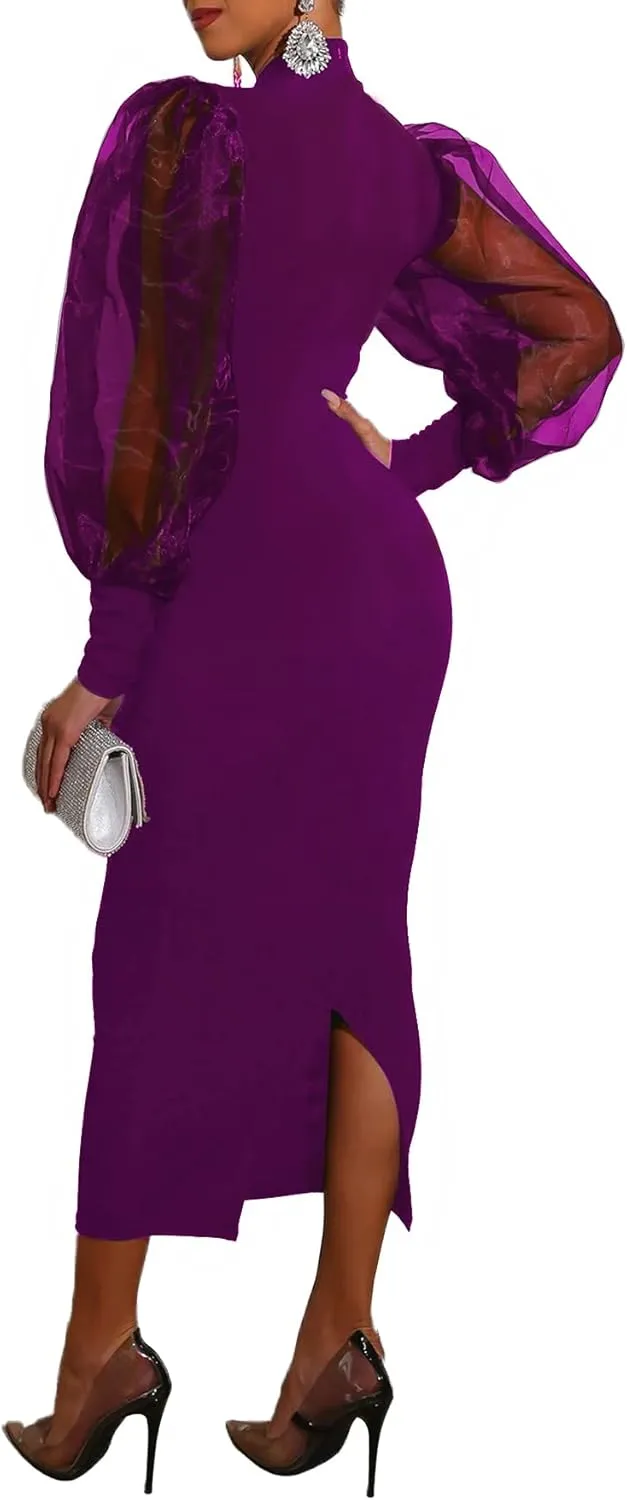 LYANER Women's Mock Neck Mesh Long Sleeve Zipper Bodycon Maxi Long Dress