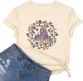 Magical Shirt for Women Magic Kingdom Tshirt Castle Flower Floral Graphic Family Vacation Holiday Short Sleeve Tee Tops