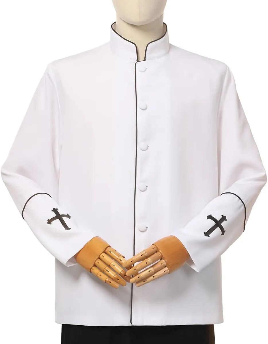 Mens Clergy Coat Church Priest Robe Vestment Stand Up Collar Button Down Top Outwear for Pastor