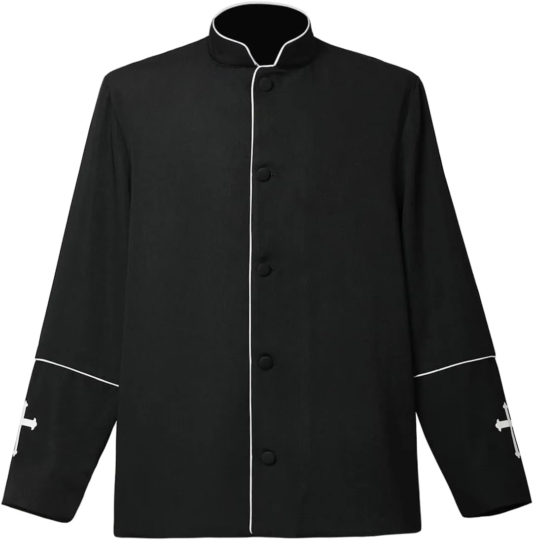 Mens Clergy Coat Church Priest Robe Vestment Stand Up Collar Button Down Top Outwear for Pastor