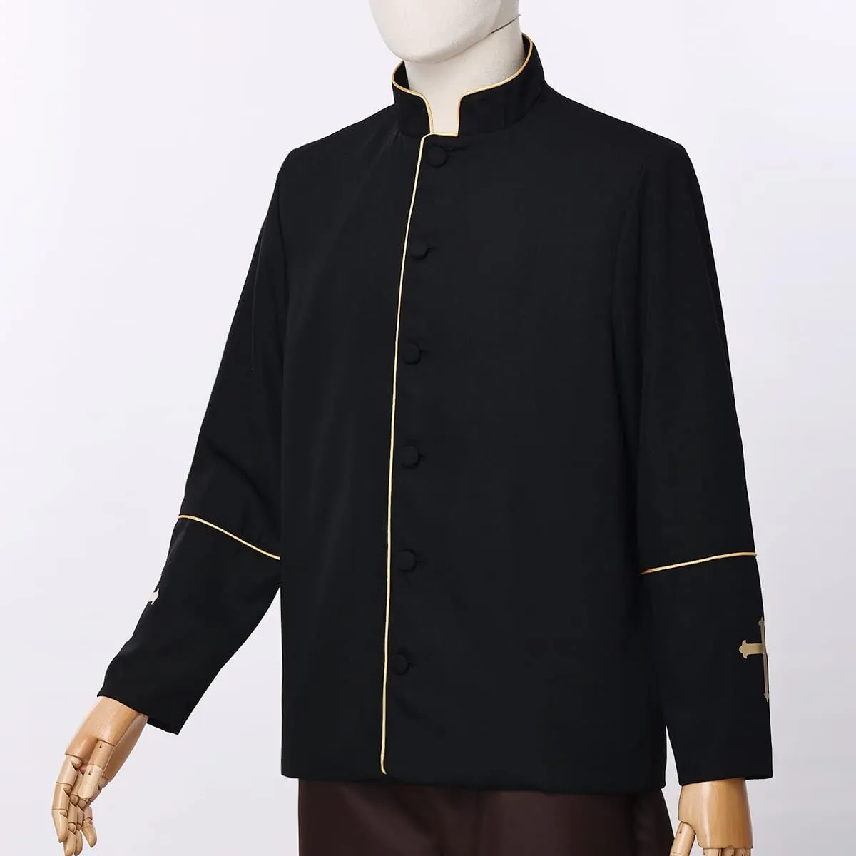 Mens Clergy Coat Church Priest Robe Vestment Stand Up Collar Button Down Top Outwear for Pastor