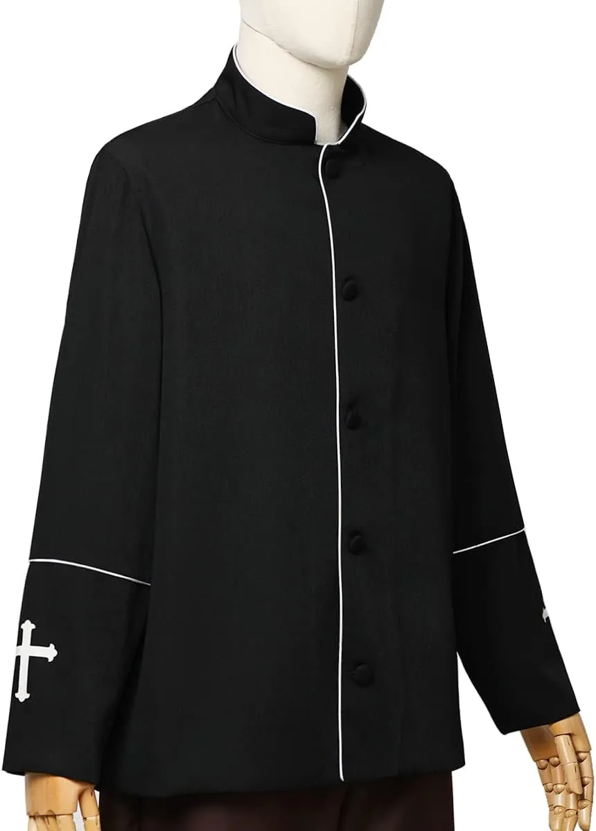 Mens Clergy Coat Church Priest Robe Vestment Stand Up Collar Button Down Top Outwear for Pastor