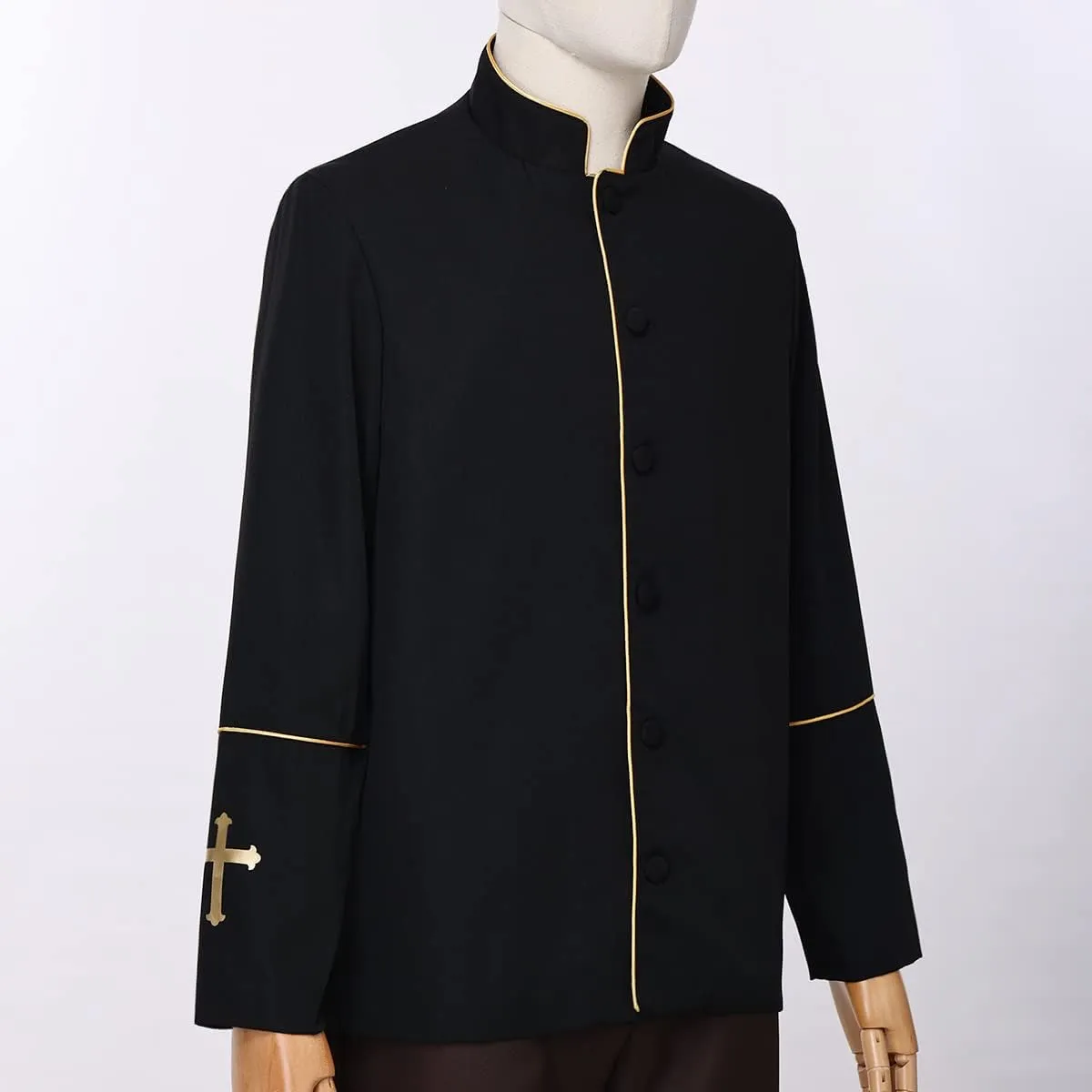 Mens Clergy Coat Church Priest Robe Vestment Stand Up Collar Button Down Top Outwear for Pastor