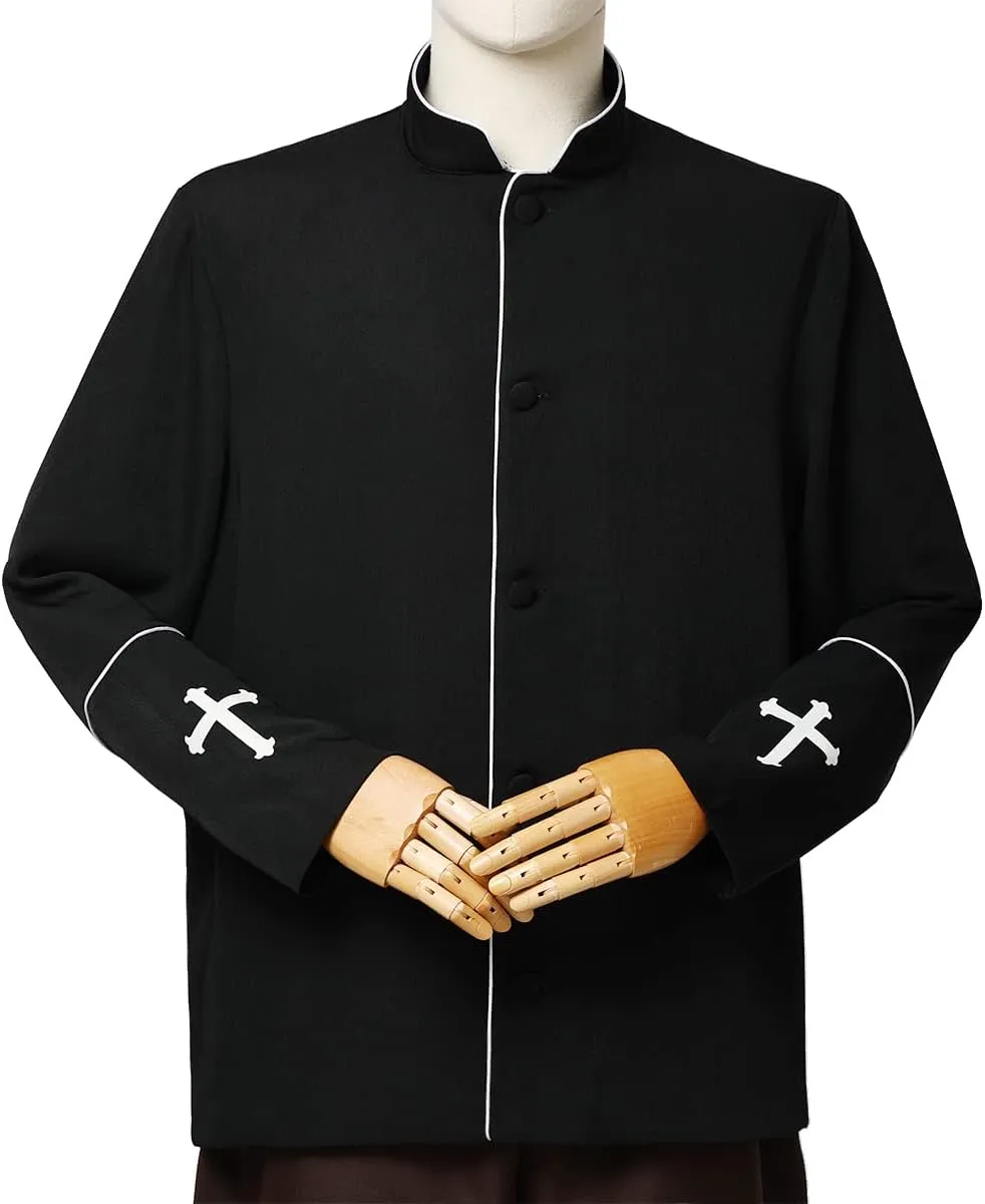 Mens Clergy Coat Church Priest Robe Vestment Stand Up Collar Button Down Top Outwear for Pastor