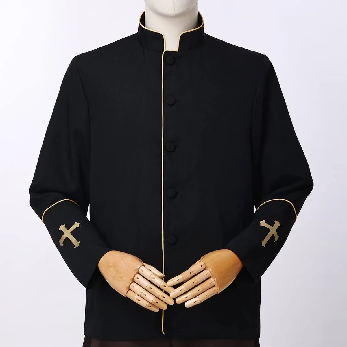 Mens Clergy Coat Church Priest Robe Vestment Stand Up Collar Button Down Top Outwear for Pastor