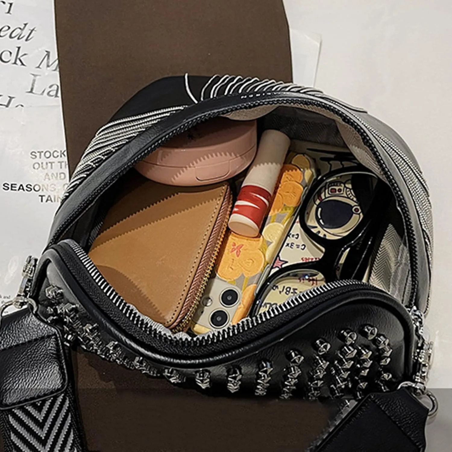 Minache Women Girls Rivet Metal Tassel Faux Leather Fanny Pack Waist Bag Chest Bag Crossbody Shoulder Bag