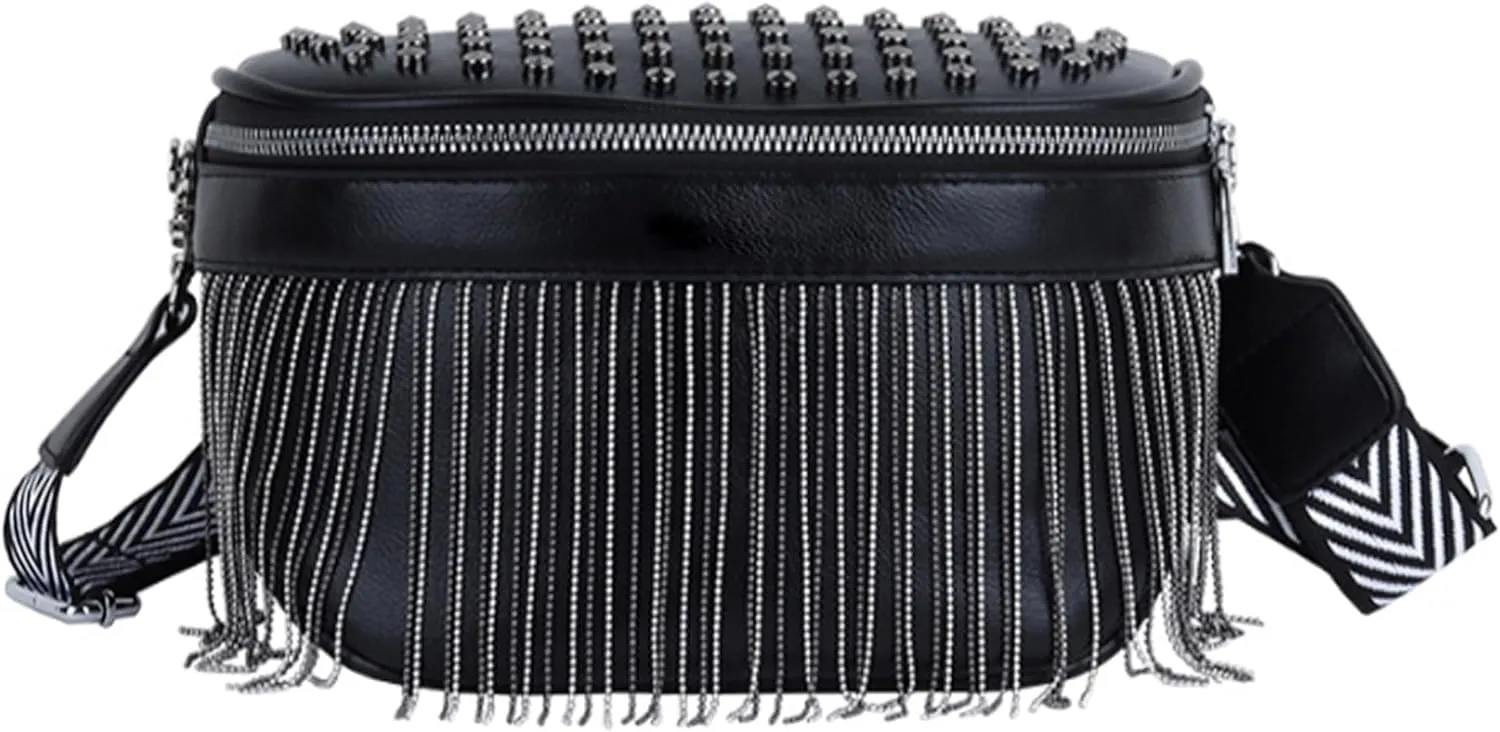 Minache Women Girls Rivet Metal Tassel Faux Leather Fanny Pack Waist Bag Chest Bag Crossbody Shoulder Bag