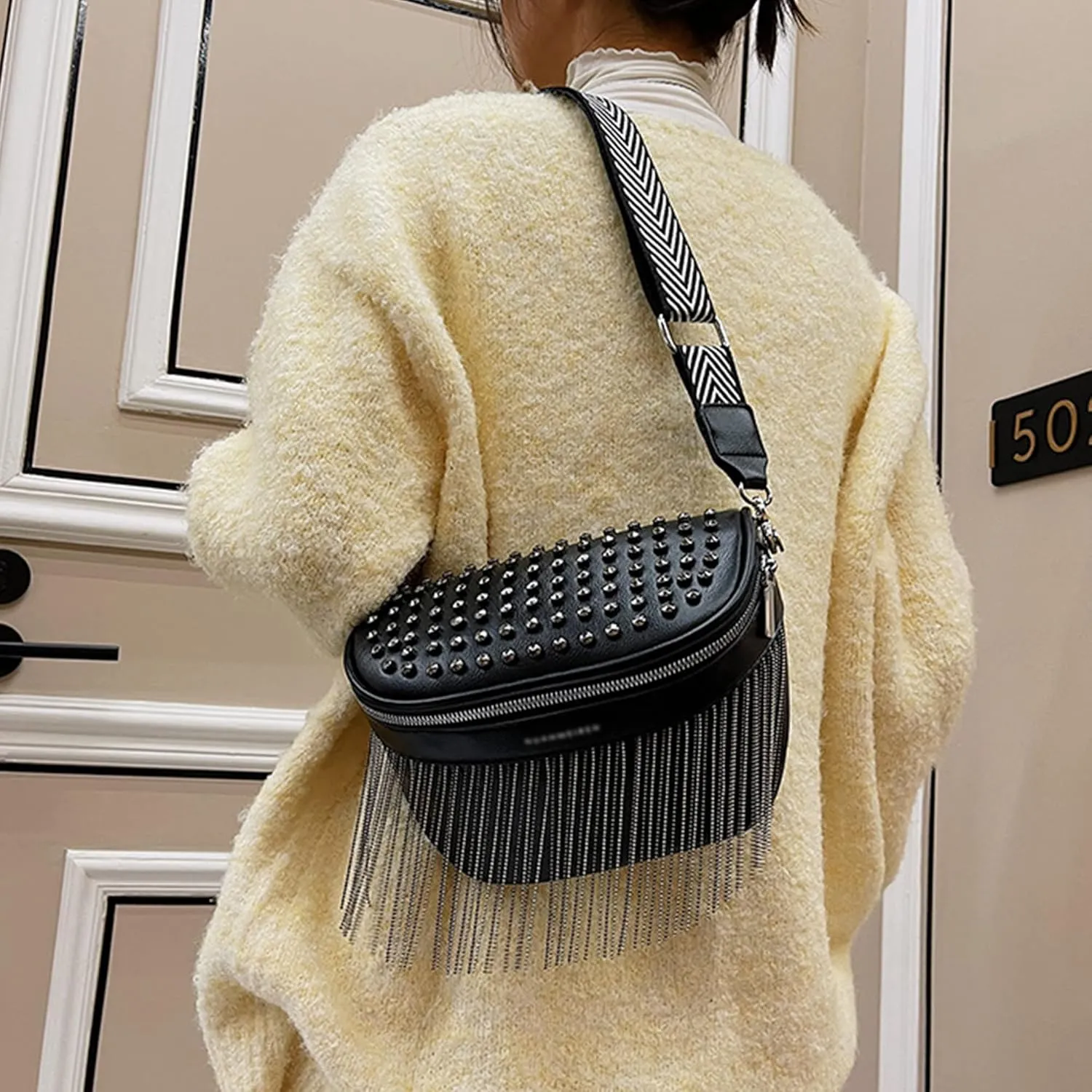 Minache Women Girls Rivet Metal Tassel Faux Leather Fanny Pack Waist Bag Chest Bag Crossbody Shoulder Bag