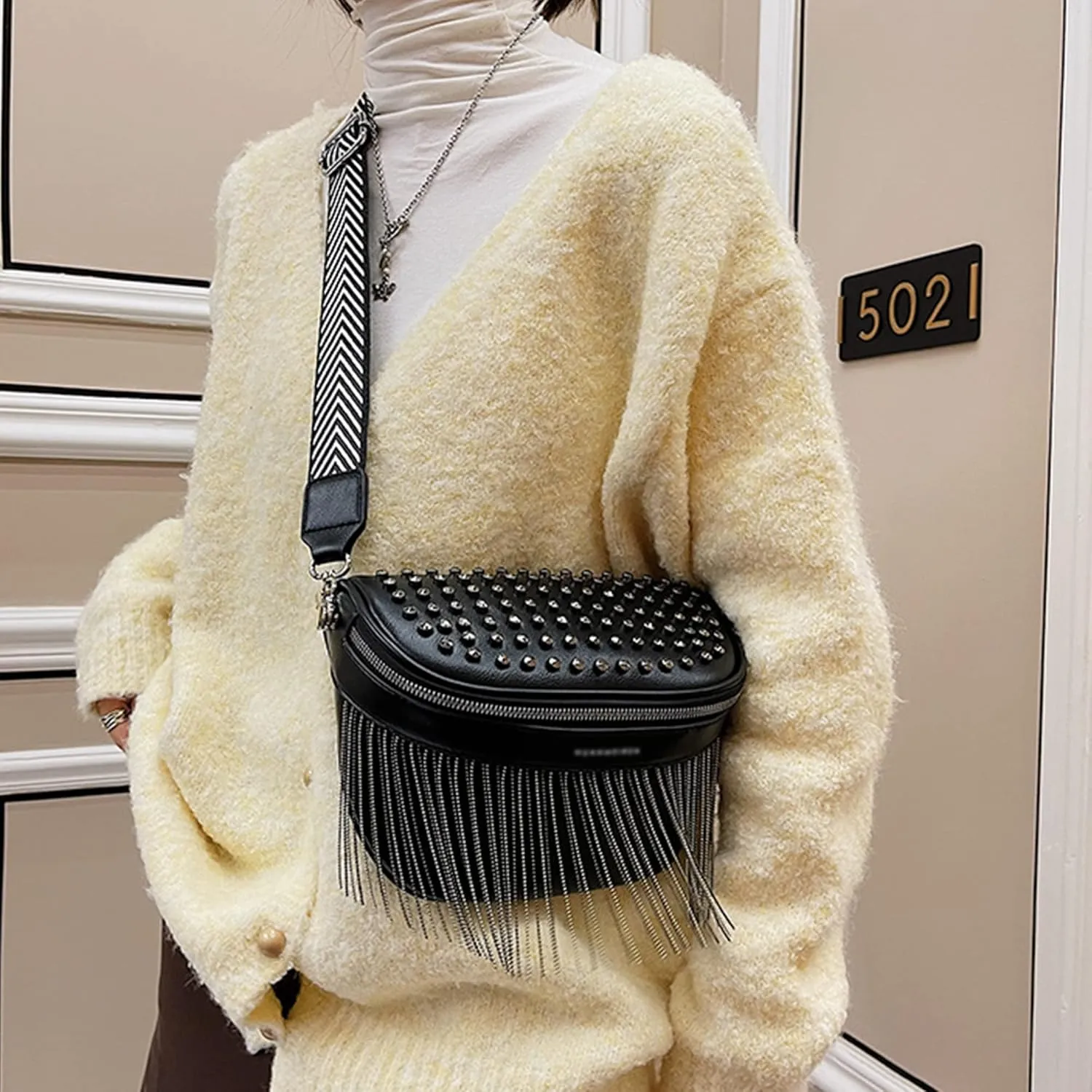 Minache Women Girls Rivet Metal Tassel Faux Leather Fanny Pack Waist Bag Chest Bag Crossbody Shoulder Bag