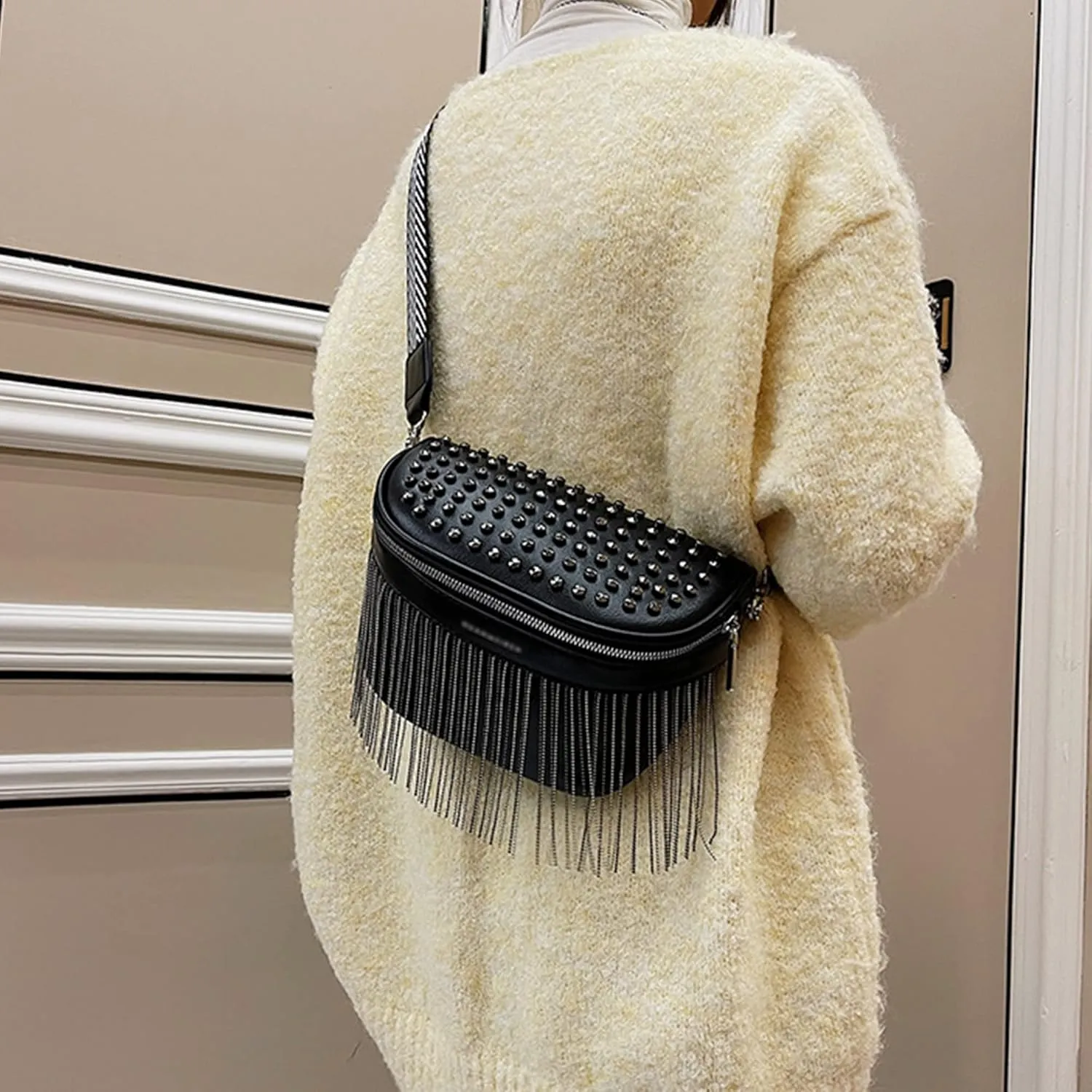 Minache Women Girls Rivet Metal Tassel Faux Leather Fanny Pack Waist Bag Chest Bag Crossbody Shoulder Bag