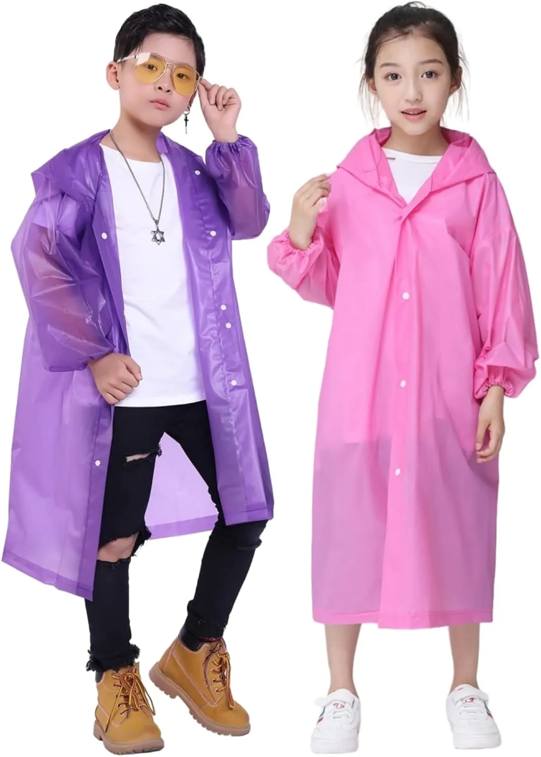 Raincoat Rain Poncho for Kids, 2-5 Pack Reusable EVA Rain Coats for 6-14 Boys Girls, Rain Jackets Gear with Hood